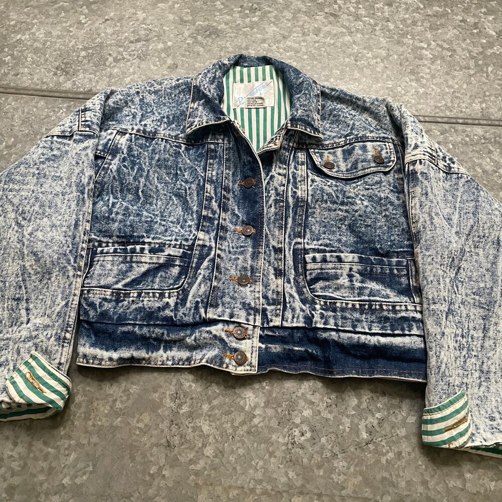 Vintage Rainbow West Acid Wash Denim Jean Jacket Womens Small Cropped 80s Retro